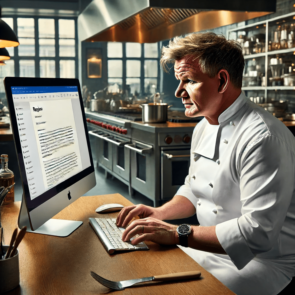 Gordon Ramsay in front of his PC, writing an email